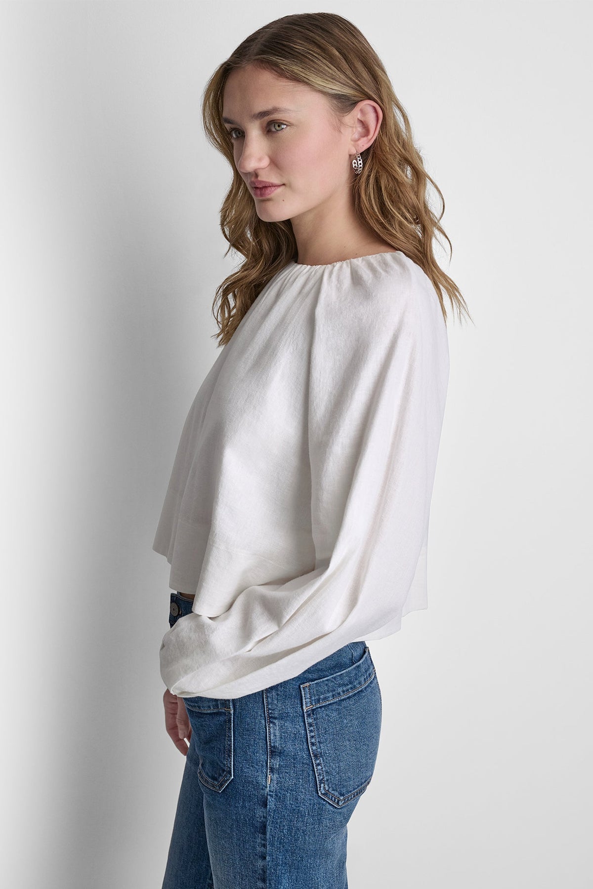 Frost Blue DKNY LINEN-BLEND RAGLAN SLEEVE BLOUSE