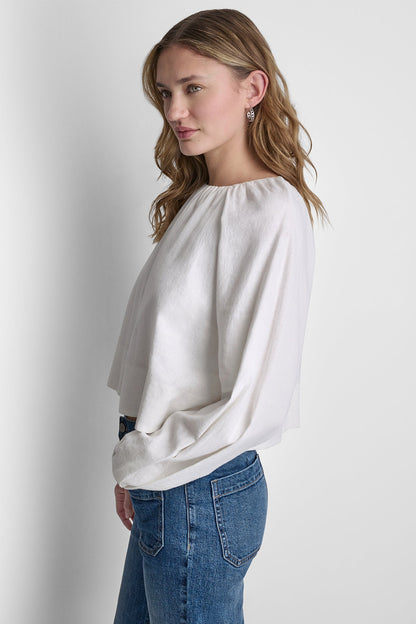 Frost Blue DKNY LINEN-BLEND RAGLAN SLEEVE BLOUSE