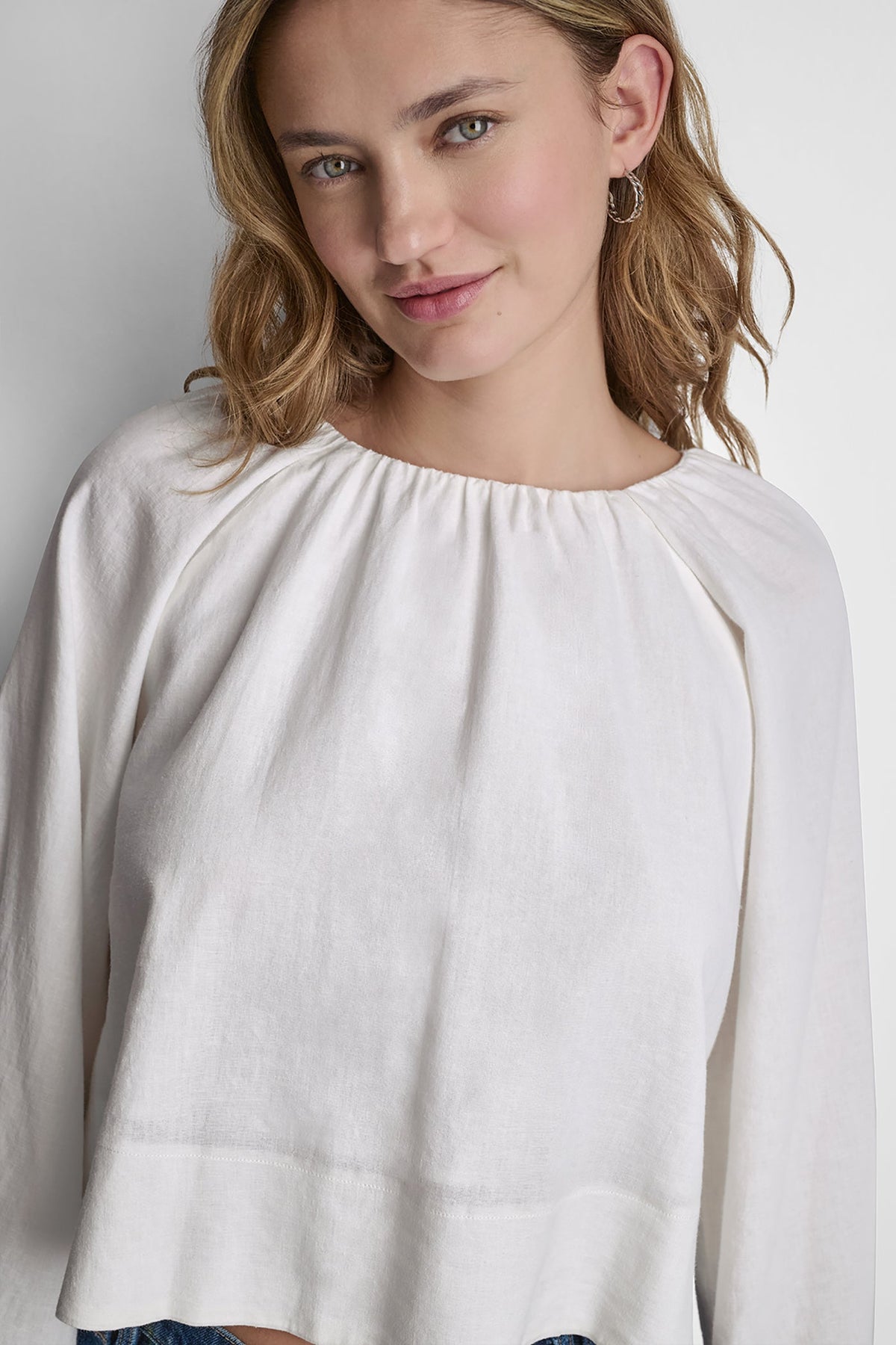 Frost Blue DKNY LINEN-BLEND RAGLAN SLEEVE BLOUSE