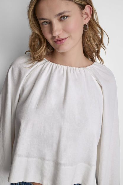 Frost Blue DKNY LINEN-BLEND RAGLAN SLEEVE BLOUSE