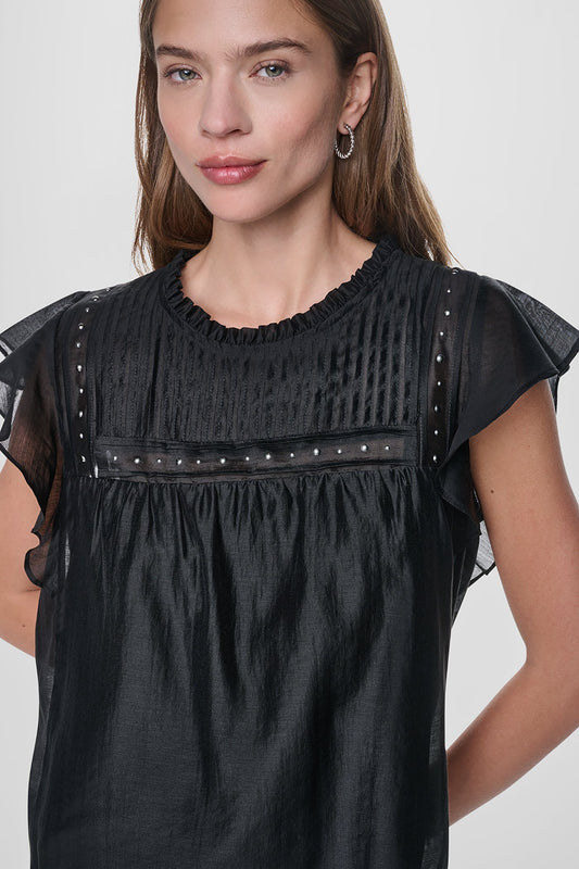 Black DKNY PLEATED STUDDED BLOUSE