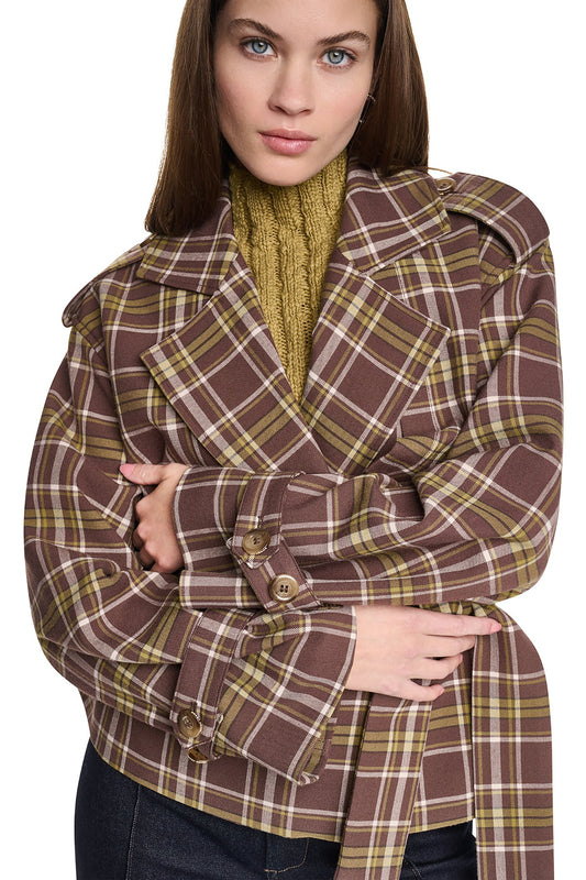 Tribeca Plaid Chestnut DKNY PLAID DOUBLE BREASTED SHORT TRENCH