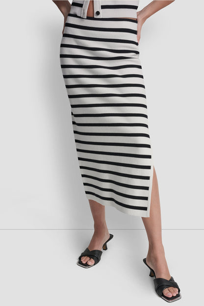 Ivory/Black DKNY STRIPED MIDI SKIRT WITH SIDE SLIT