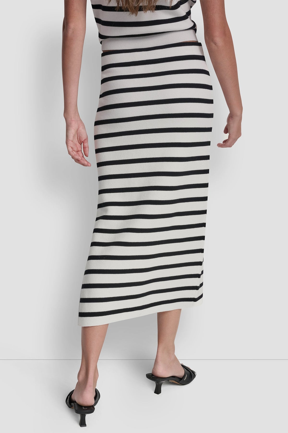 Ivory/Black DKNY STRIPED MIDI SKIRT WITH SIDE SLIT