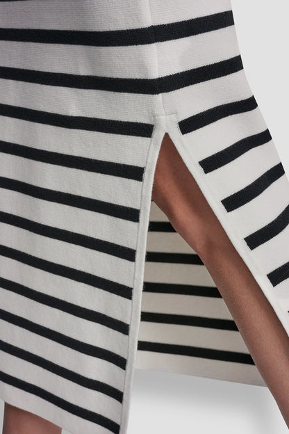 Ivory/Black DKNY STRIPED MIDI SKIRT WITH SIDE SLIT