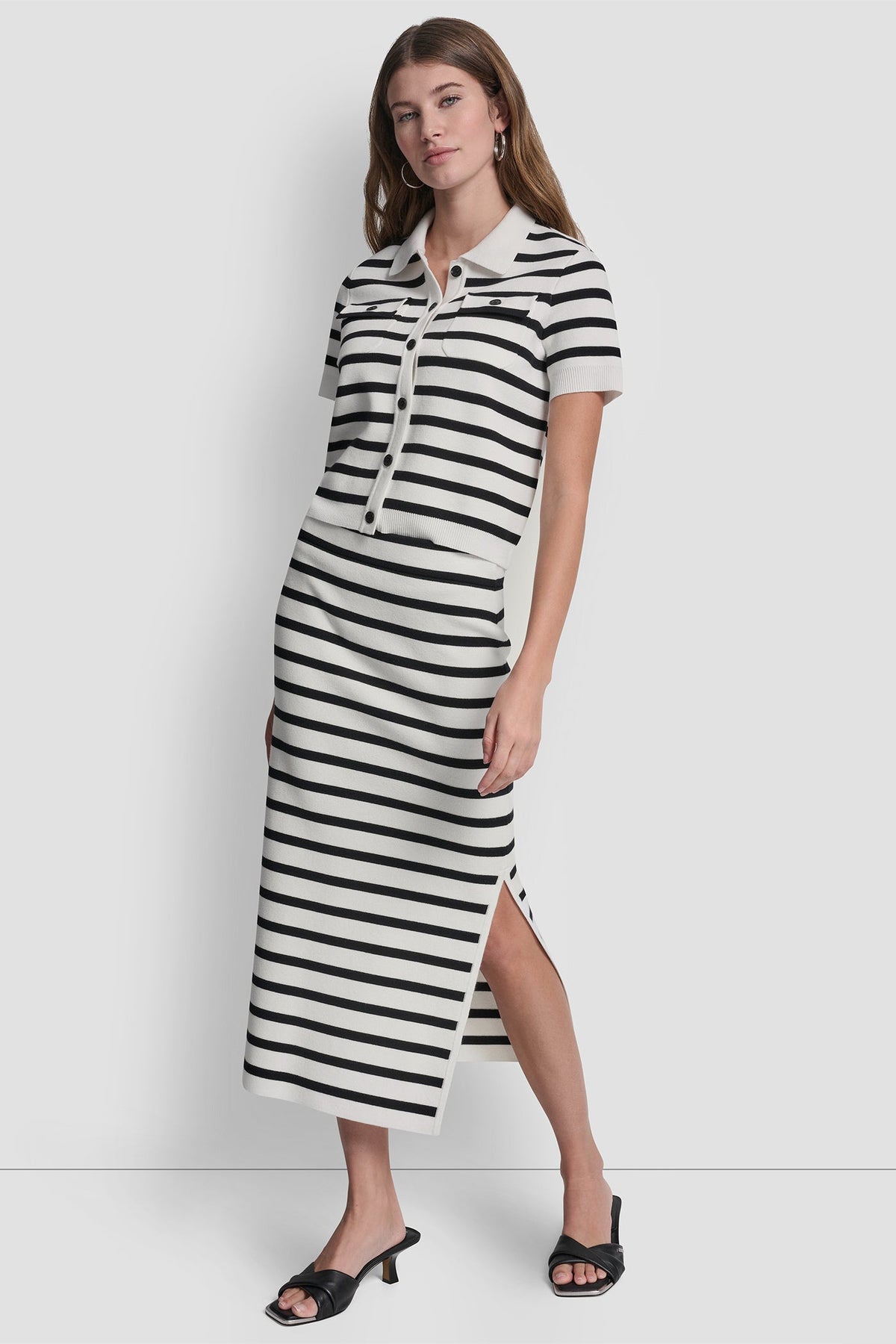 Ivory/Black DKNY STRIPED MIDI SKIRT WITH SIDE SLIT