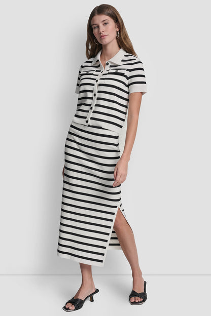 Ivory/Black DKNY STRIPED MIDI SKIRT WITH SIDE SLIT
