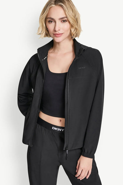 Black DKNY LOGO HOODED SHORT JACKET