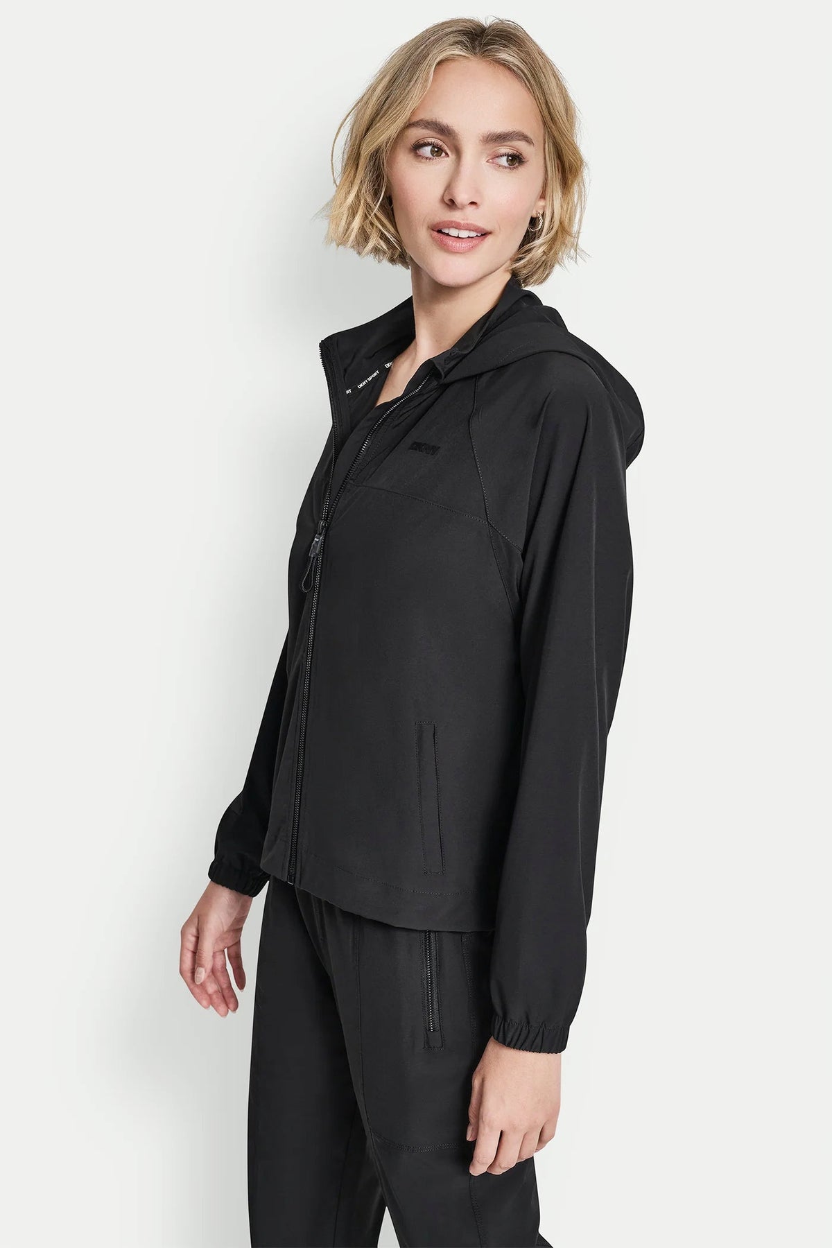 Black DKNY LOGO HOODED SHORT JACKET