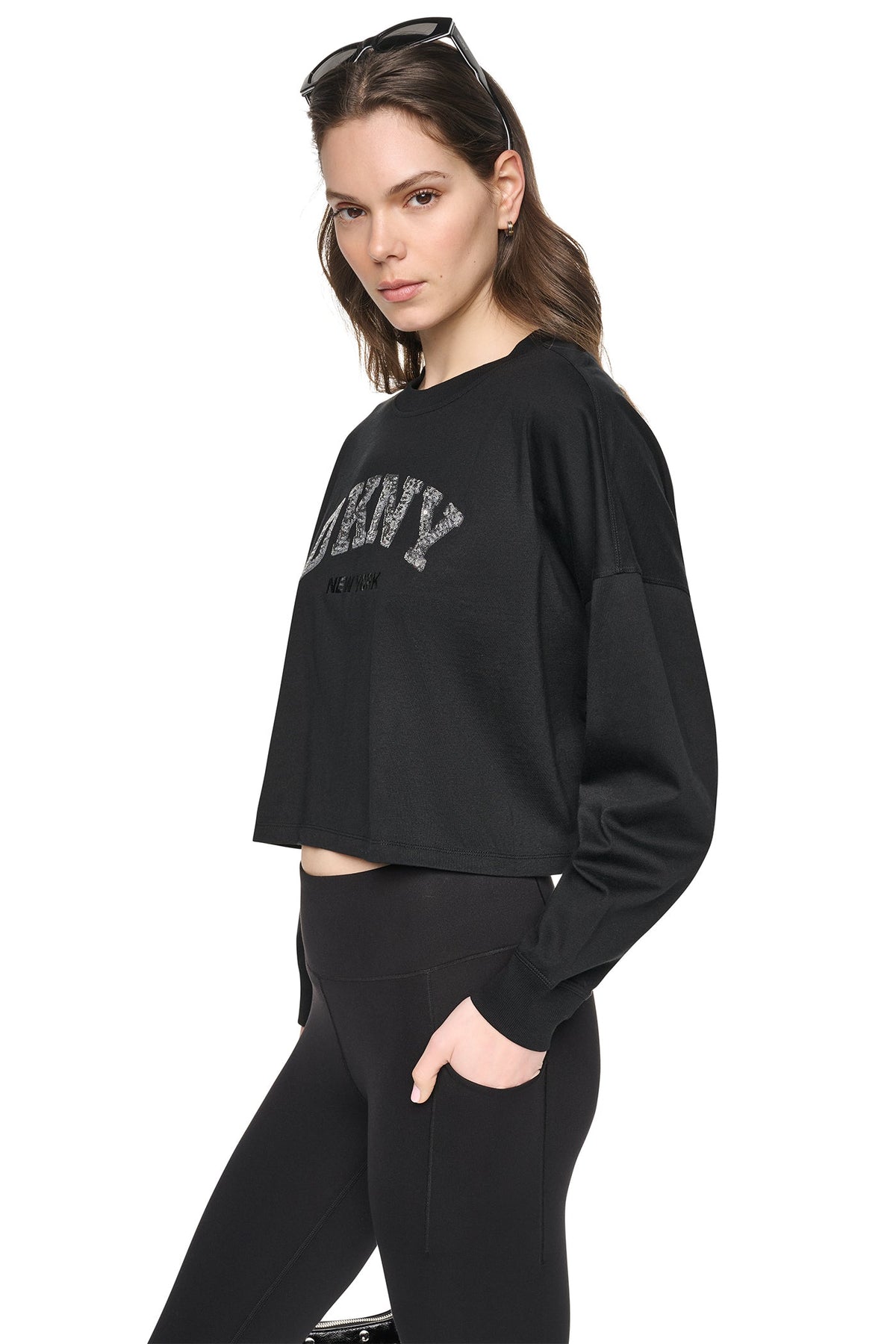 Cortado Heather/Silver DKNY CROPPED SEQUIN VARSITY LOGO TEE