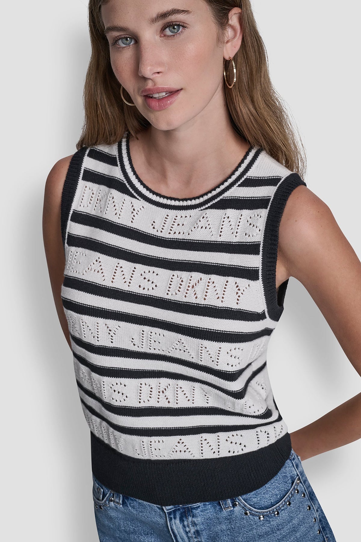 Ivory/Black DKNY LOGO POINTELLE STRIPED SWEATER