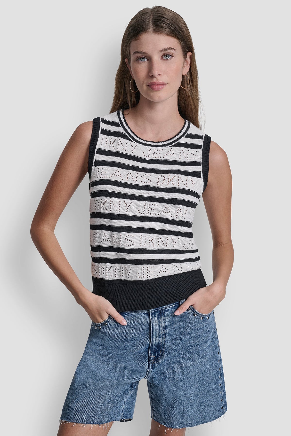 Ivory/Black DKNY LOGO POINTELLE STRIPED SWEATER