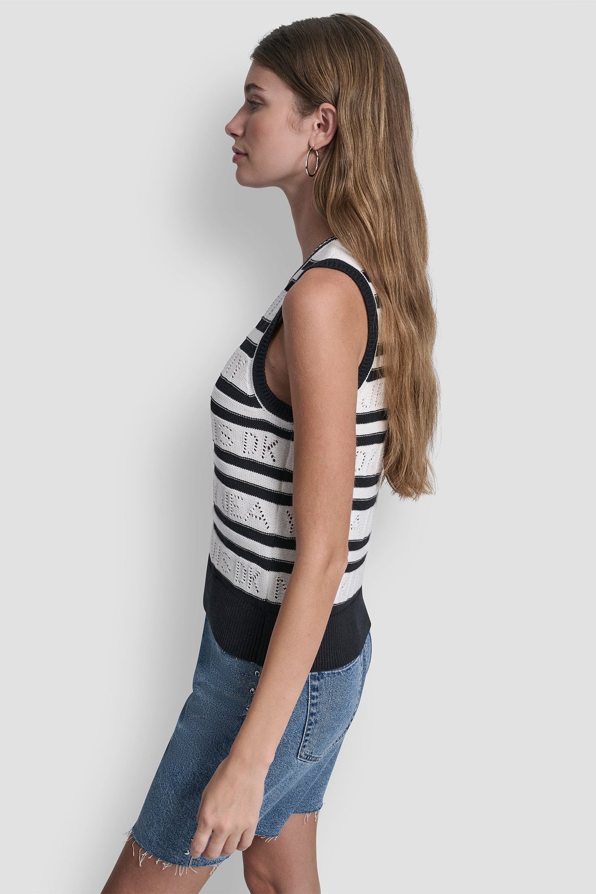 Ivory/Black DKNY LOGO POINTELLE STRIPED SWEATER