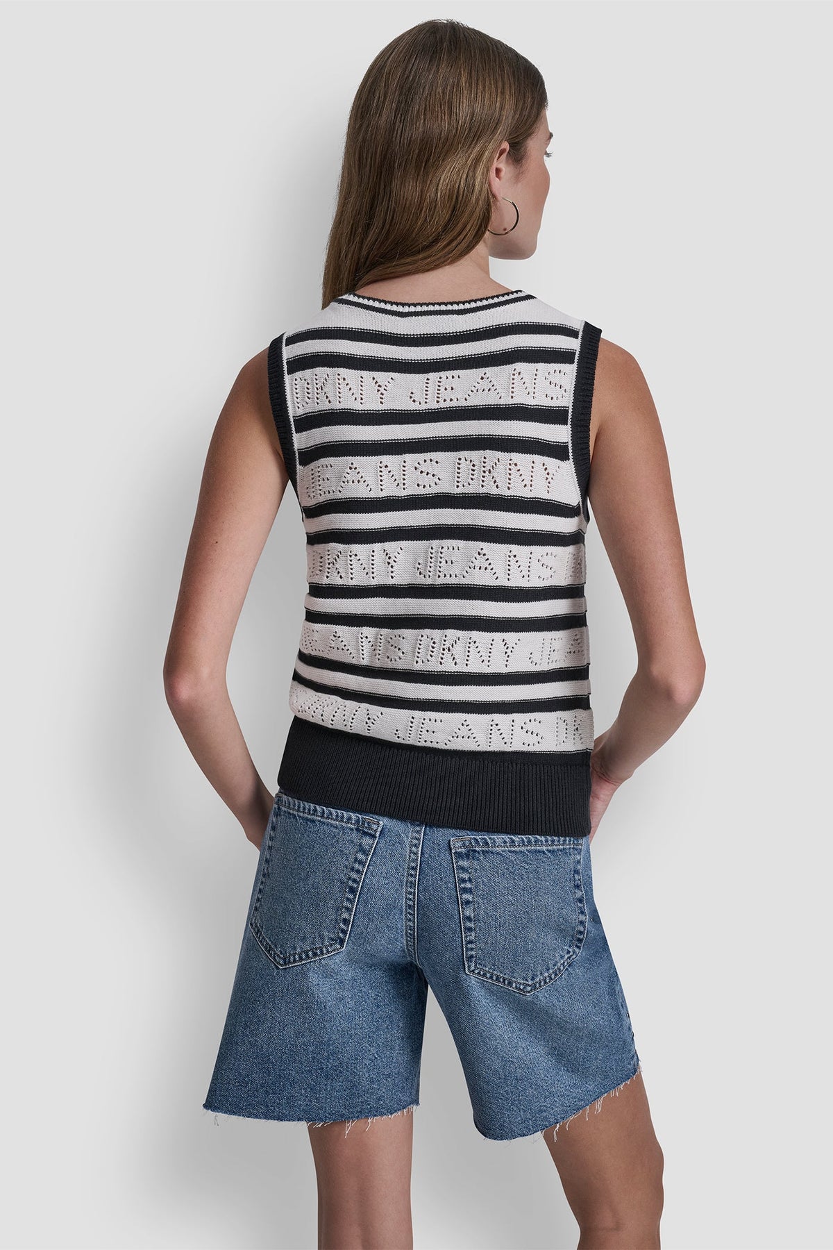 Ivory/Black DKNY LOGO POINTELLE STRIPED SWEATER