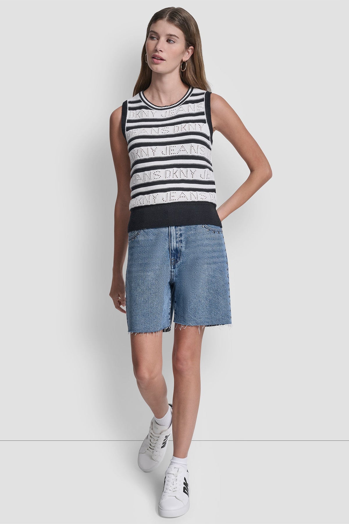 Ivory/Black DKNY LOGO POINTELLE STRIPED SWEATER