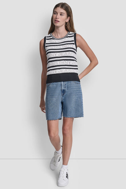 Ivory/Black DKNY LOGO POINTELLE STRIPED SWEATER