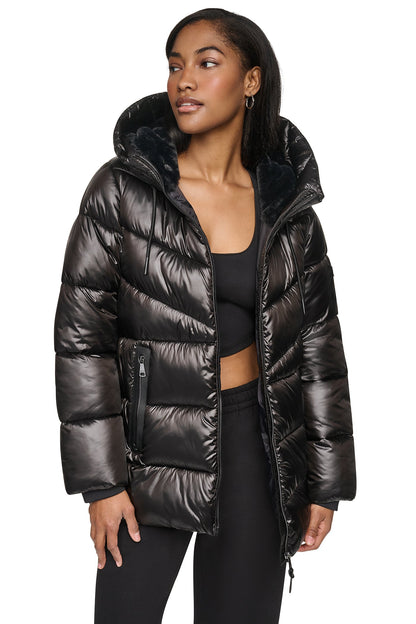 Black DKNY PEARALIZED HOODED PUFFER