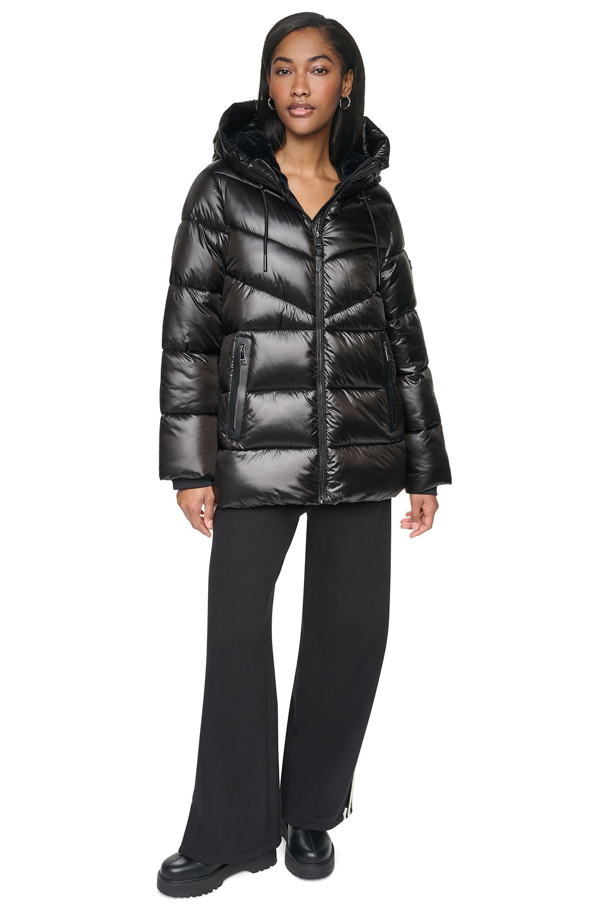 Black DKNY PEARALIZED HOODED PUFFER