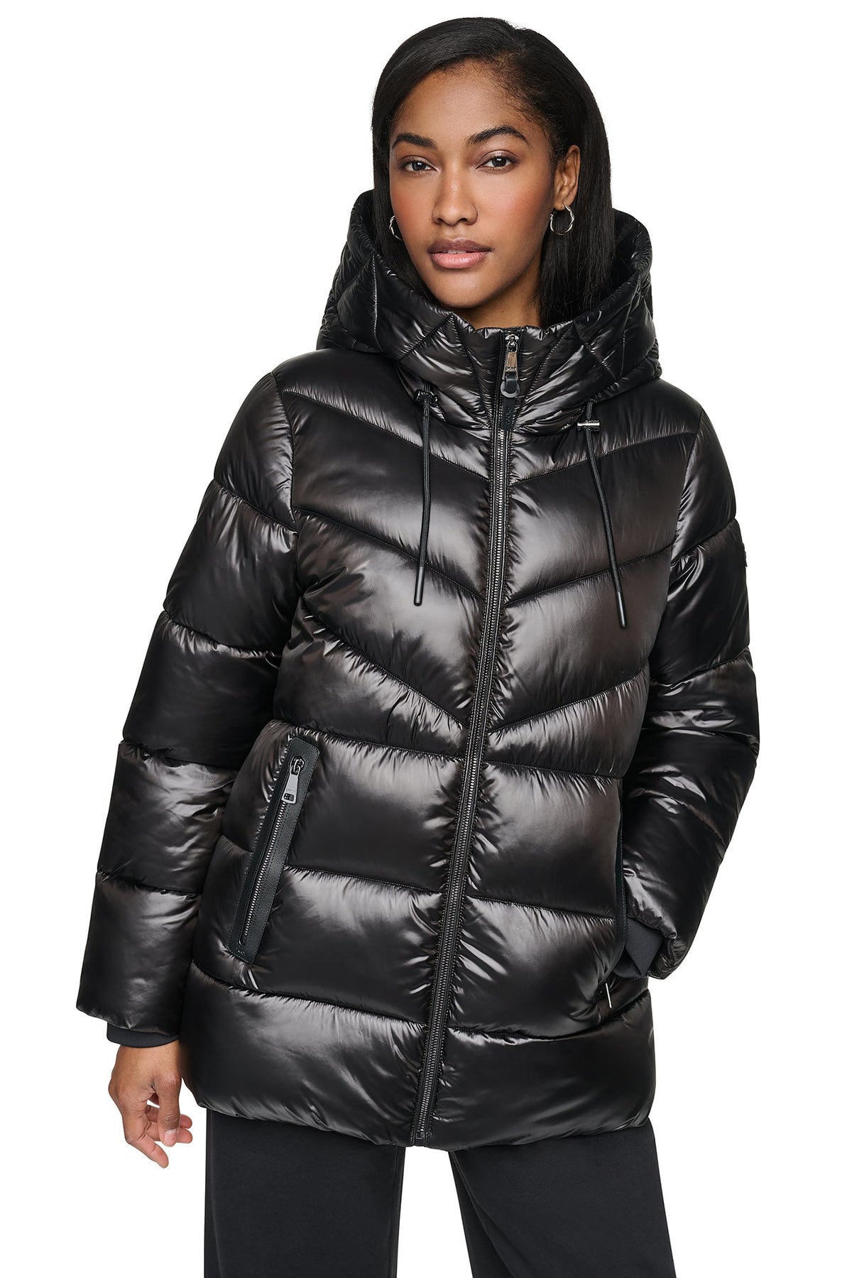 Black DKNY PEARALIZED HOODED PUFFER