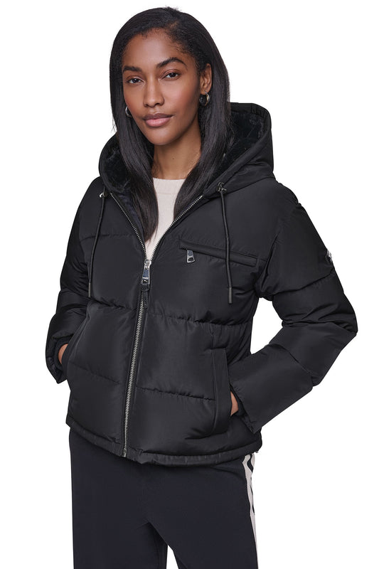 Black DKNY CONTRAST LINED SHORT HOODED PUFFER