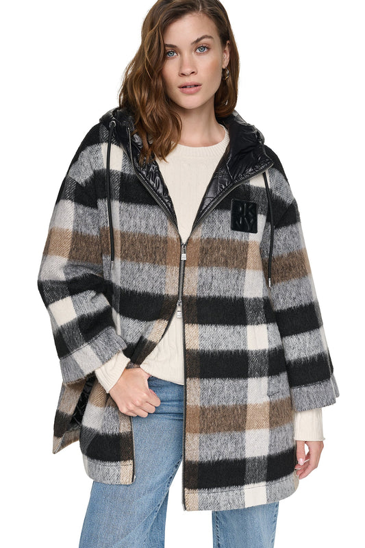 Plaid Black DKNY PLAID HOODED CAPE COAT