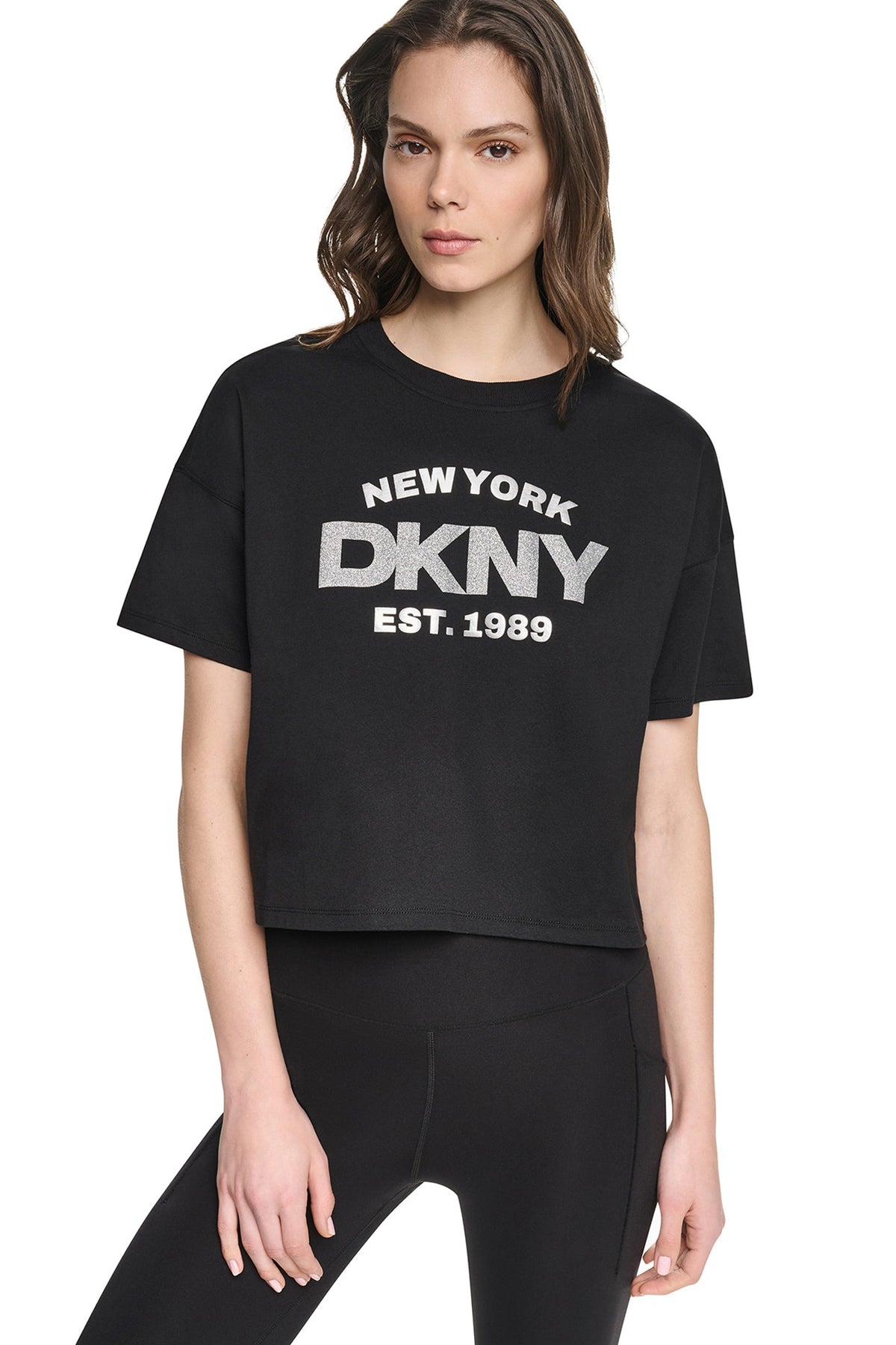 Black/Silver DKNY CROPPED METALLIC LOGO TEE