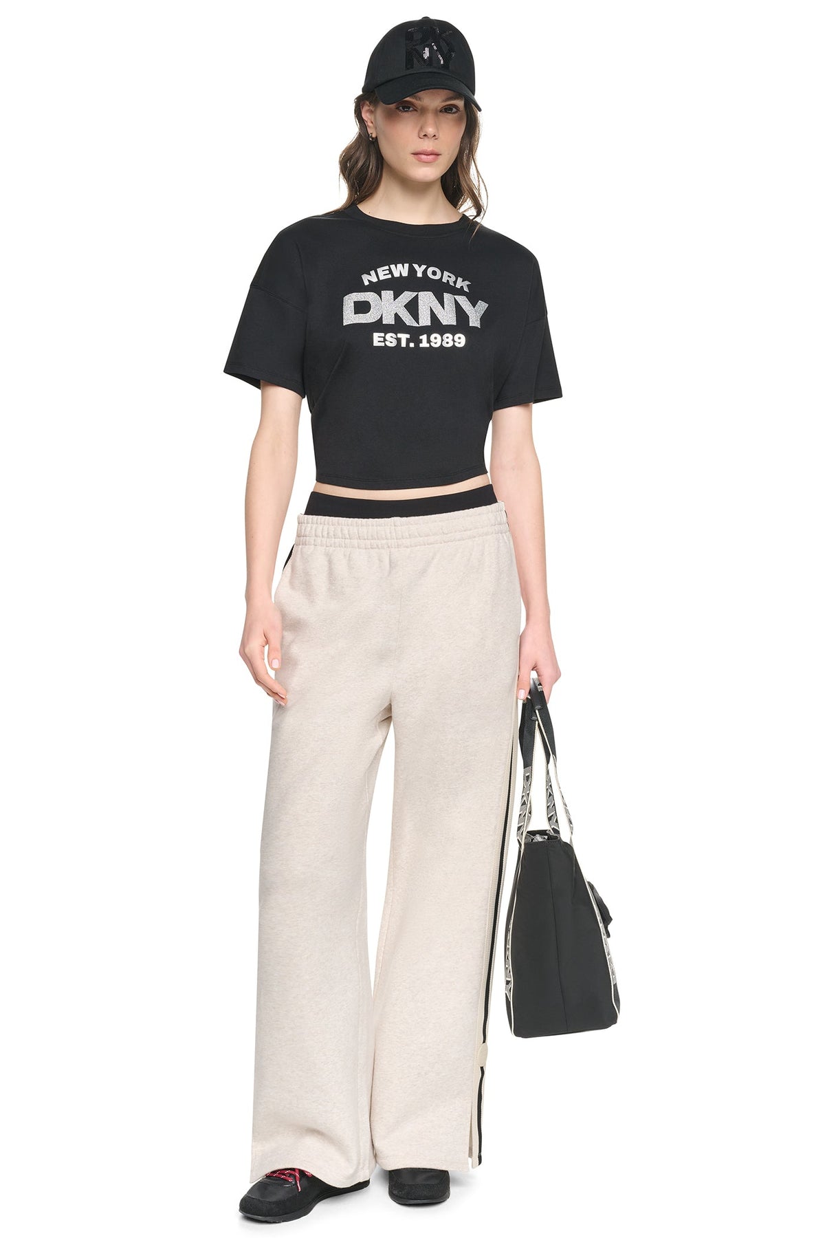 Black/Silver DKNY CROPPED METALLIC LOGO TEE