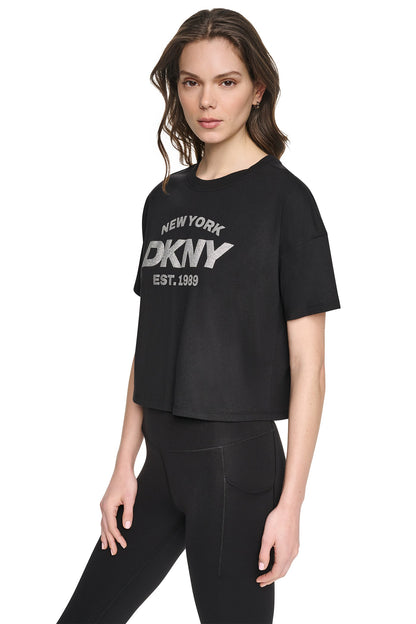 Black/Silver DKNY CROPPED METALLIC LOGO TEE