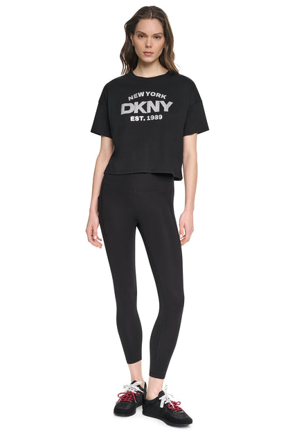Black/Silver DKNY CROPPED METALLIC LOGO TEE