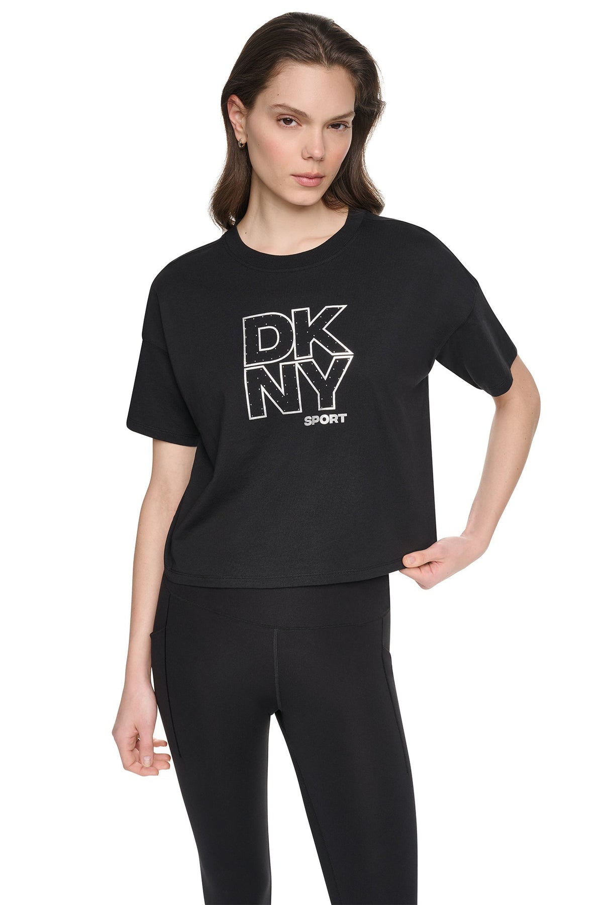 Eggnog/Silver DKNY CROPPED CRYSTAL STACKED LOGO TEE