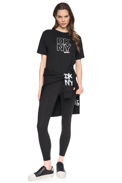 Eggnog/Silver DKNY CROPPED CRYSTAL STACKED LOGO TEE