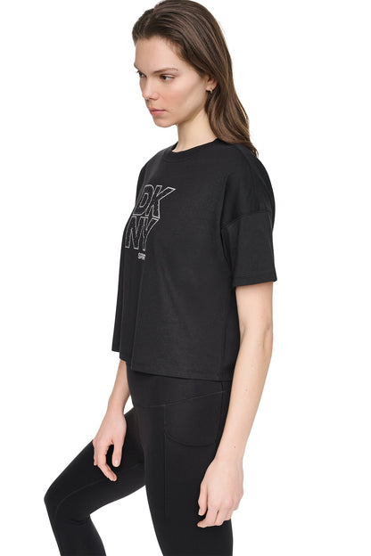 Eggnog/Silver DKNY CROPPED CRYSTAL STACKED LOGO TEE