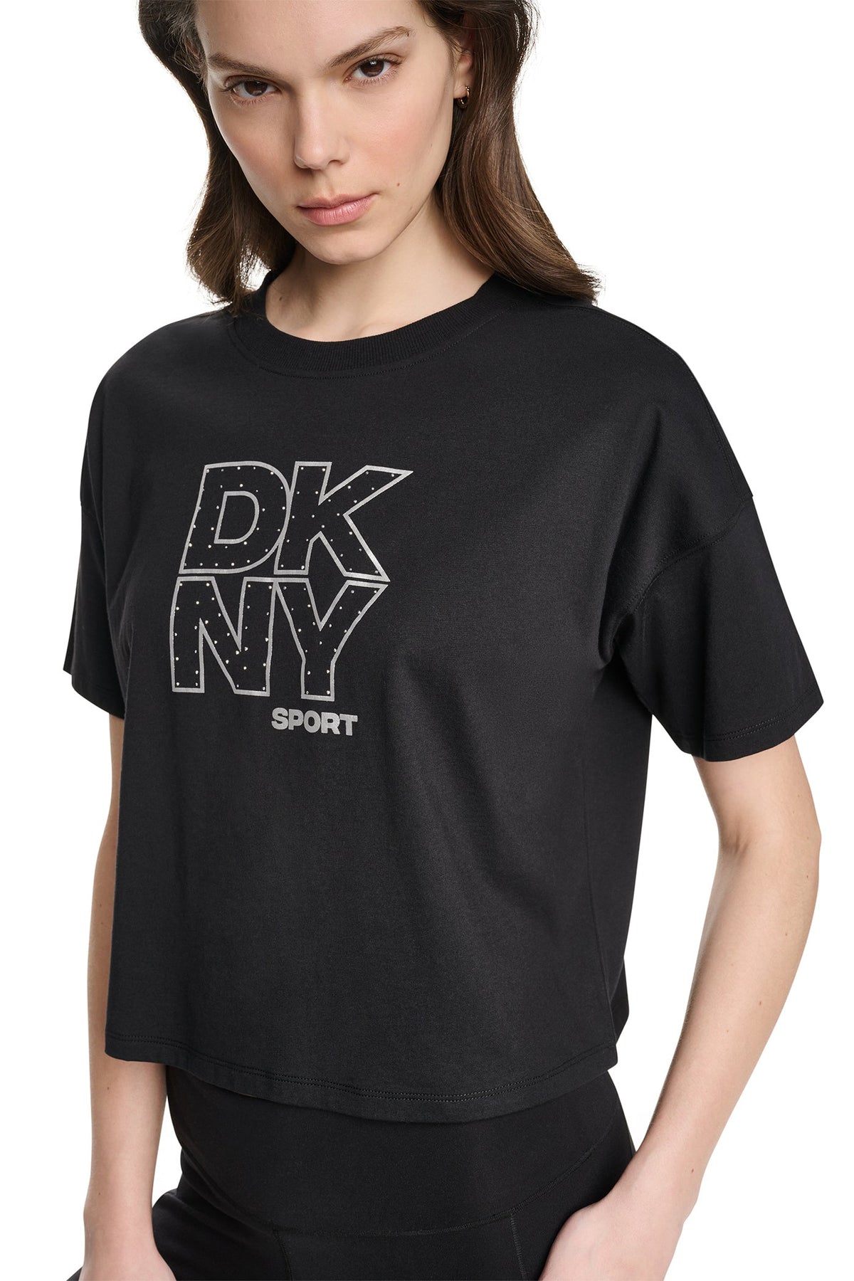 Eggnog/Silver DKNY CROPPED CRYSTAL STACKED LOGO TEE