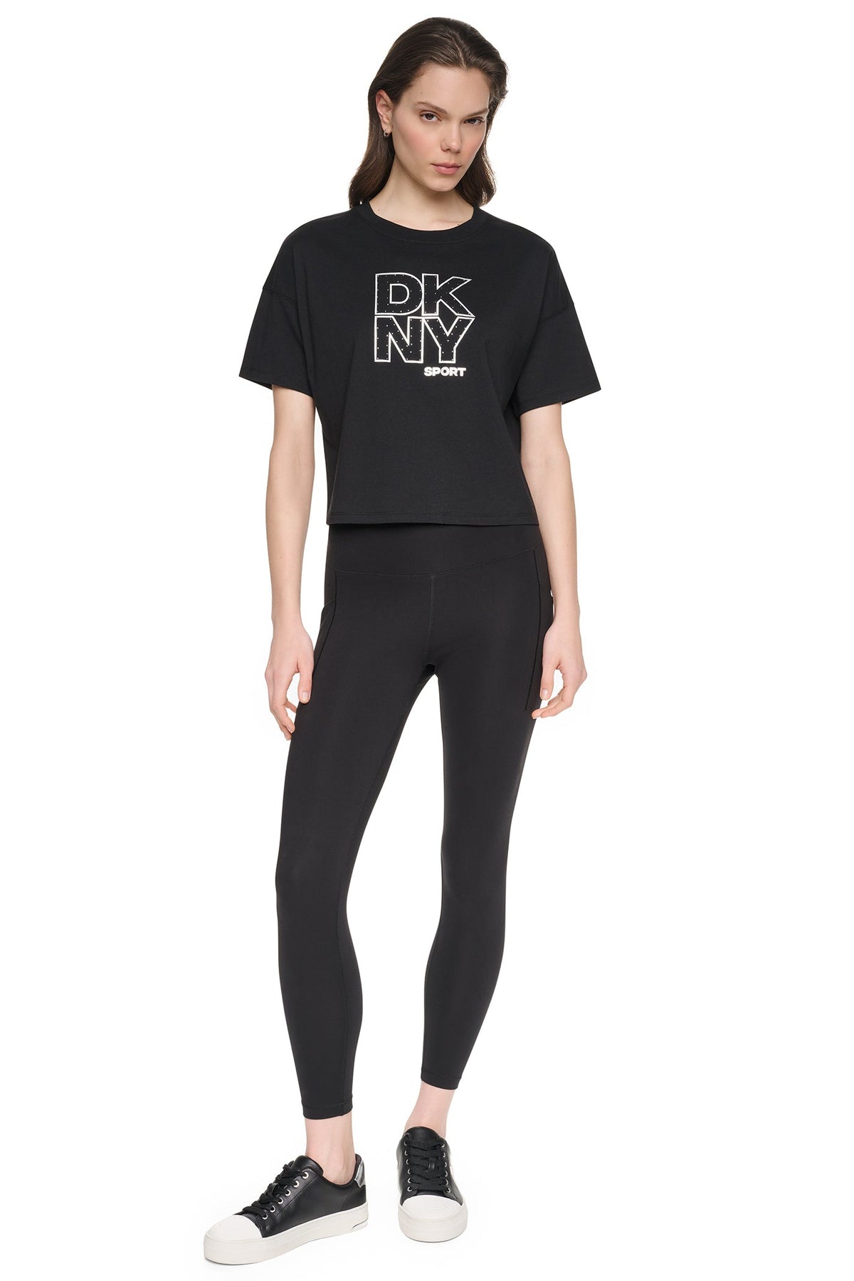 Eggnog/Silver DKNY CROPPED CRYSTAL STACKED LOGO TEE
