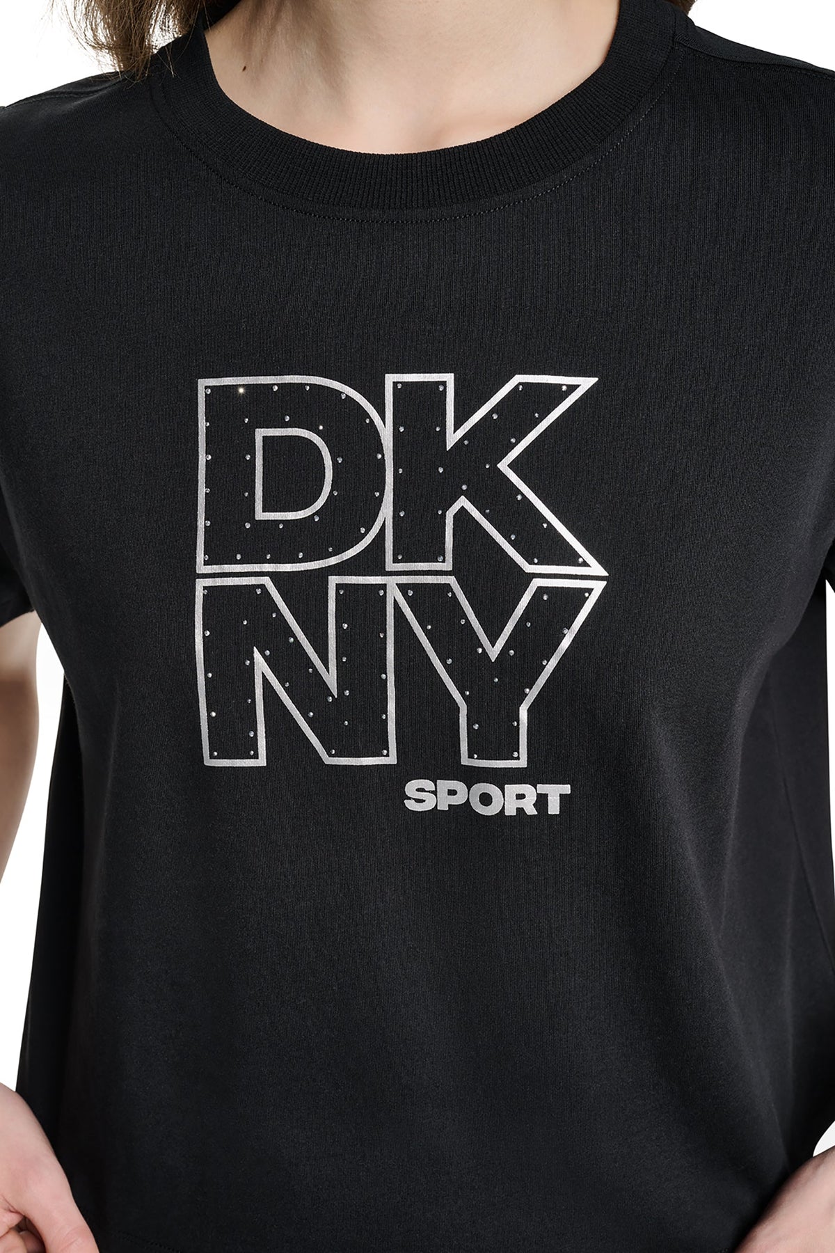 Eggnog/Silver DKNY CROPPED CRYSTAL STACKED LOGO TEE