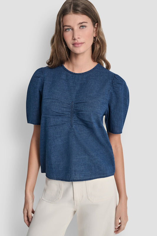 Indigo DKNY PUFF SLEEVE RUCHED FRONT SHIRT