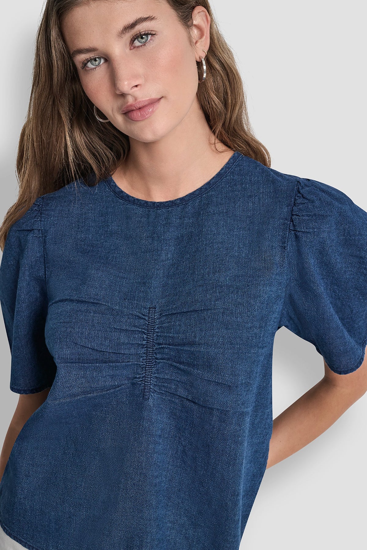 Indigo DKNY PUFF SLEEVE RUCHED FRONT SHIRT